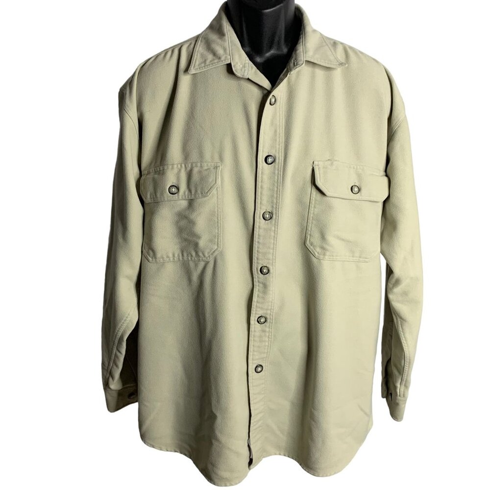 Vintage 90s Anchor Blue Button Up Shirt L Beige Heavy Flannel Shacket Pockets